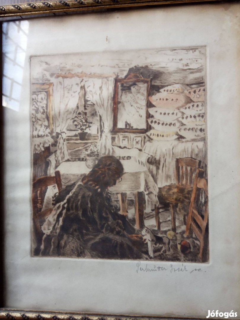 Perlmutter Izsák szignózott színes rézkarc 1920 körül