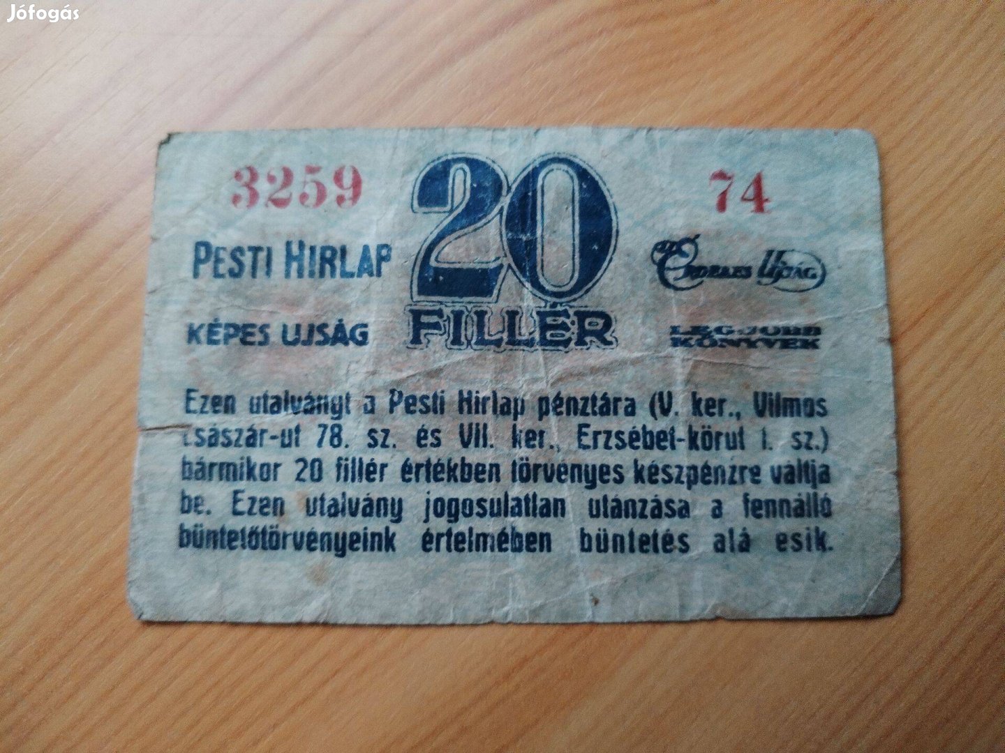 Pesti Hírlap 1920-as 20 filérese