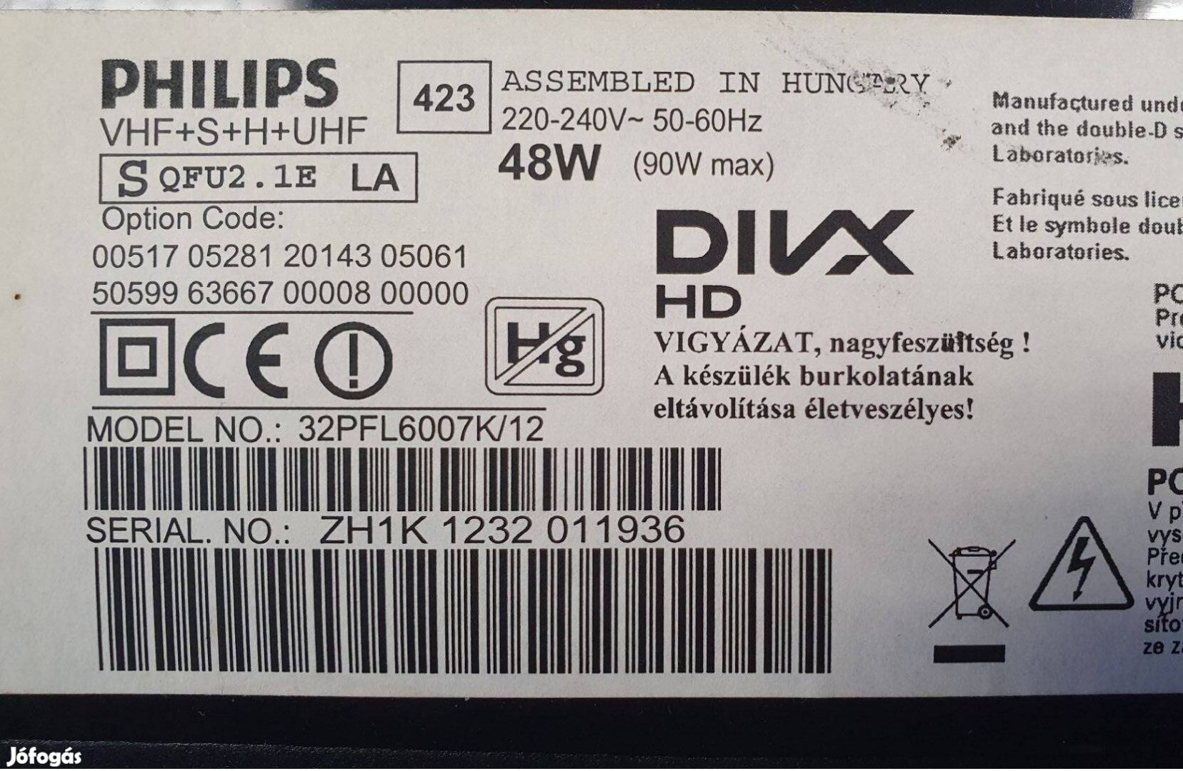Philips 32PFL6007K/12 LED LCD tv LED hibás alkatrésznek main elkelt!