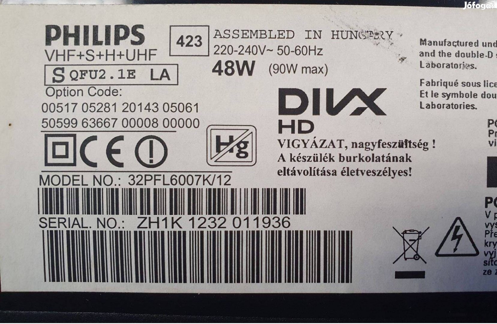 Philips 32PFL6007K/12 LED LCD tv LED hibás alkatrésznek main elkelt!