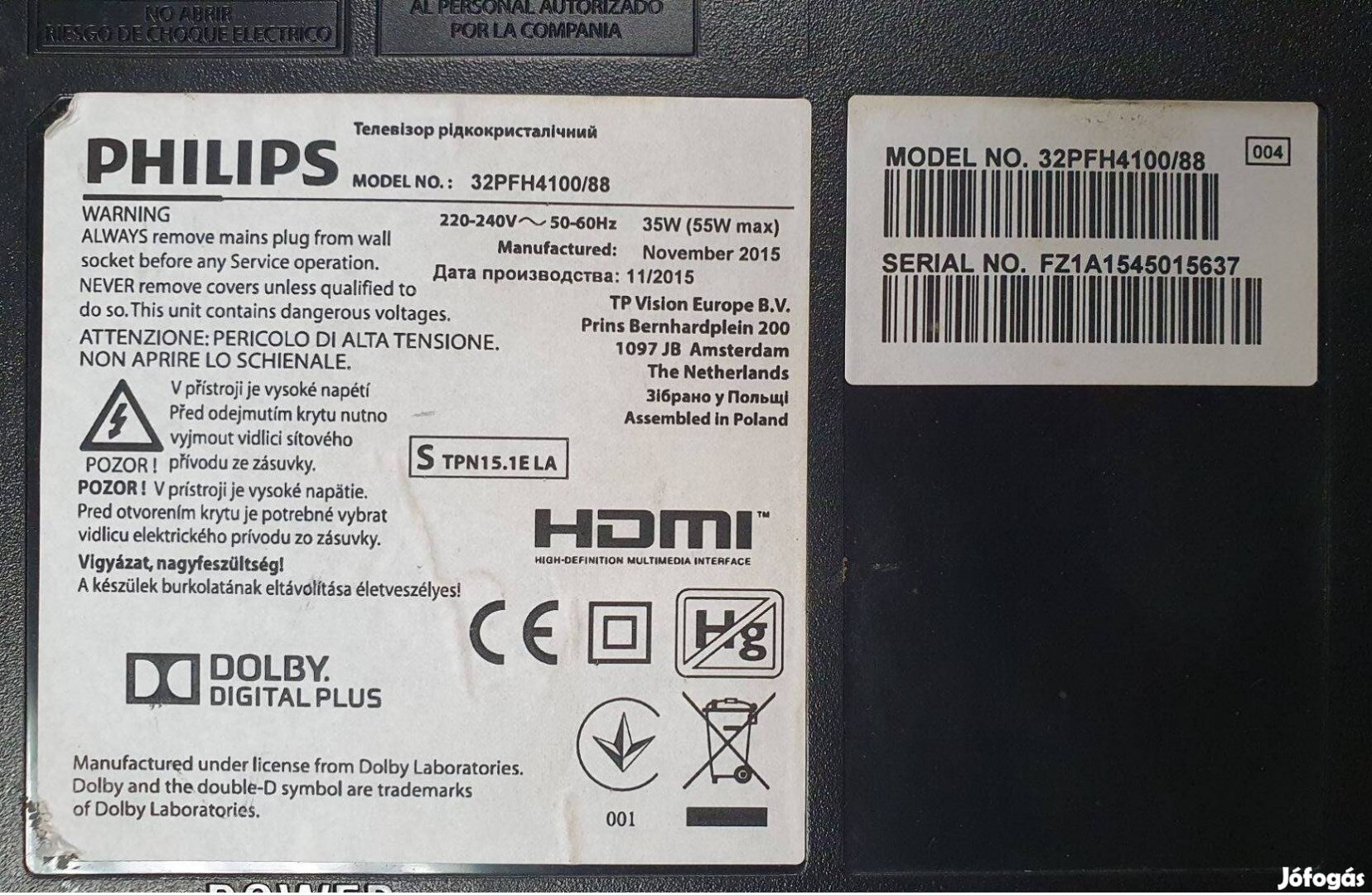 Philips 32Pfh4100/88 LED LCD tv hibás törött alkatrésznek