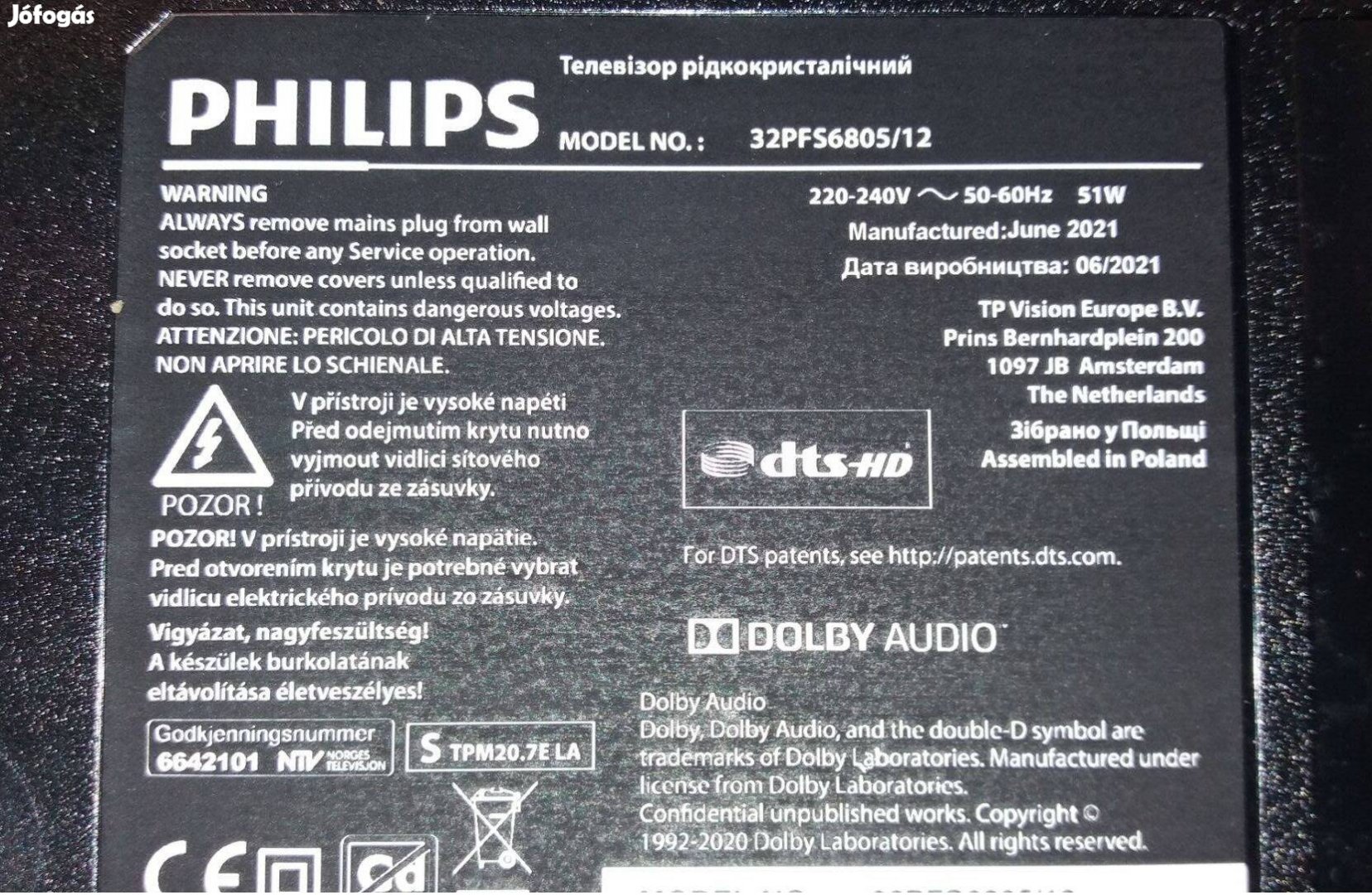 Philips 32Pfs6805/12 SMART LED LCD tv Új hibás törött alkatrésznek