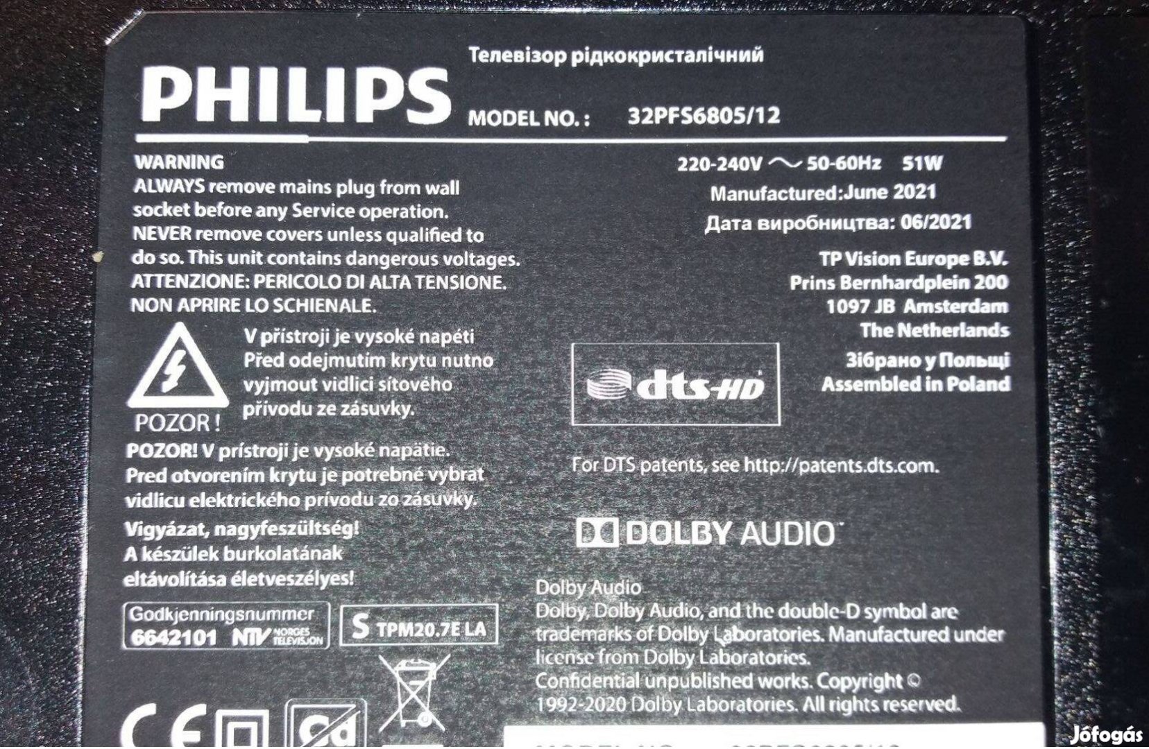 Philips 32Pfs6805/12 SMART LED LCD tv Új hibás törött alkatrésznek