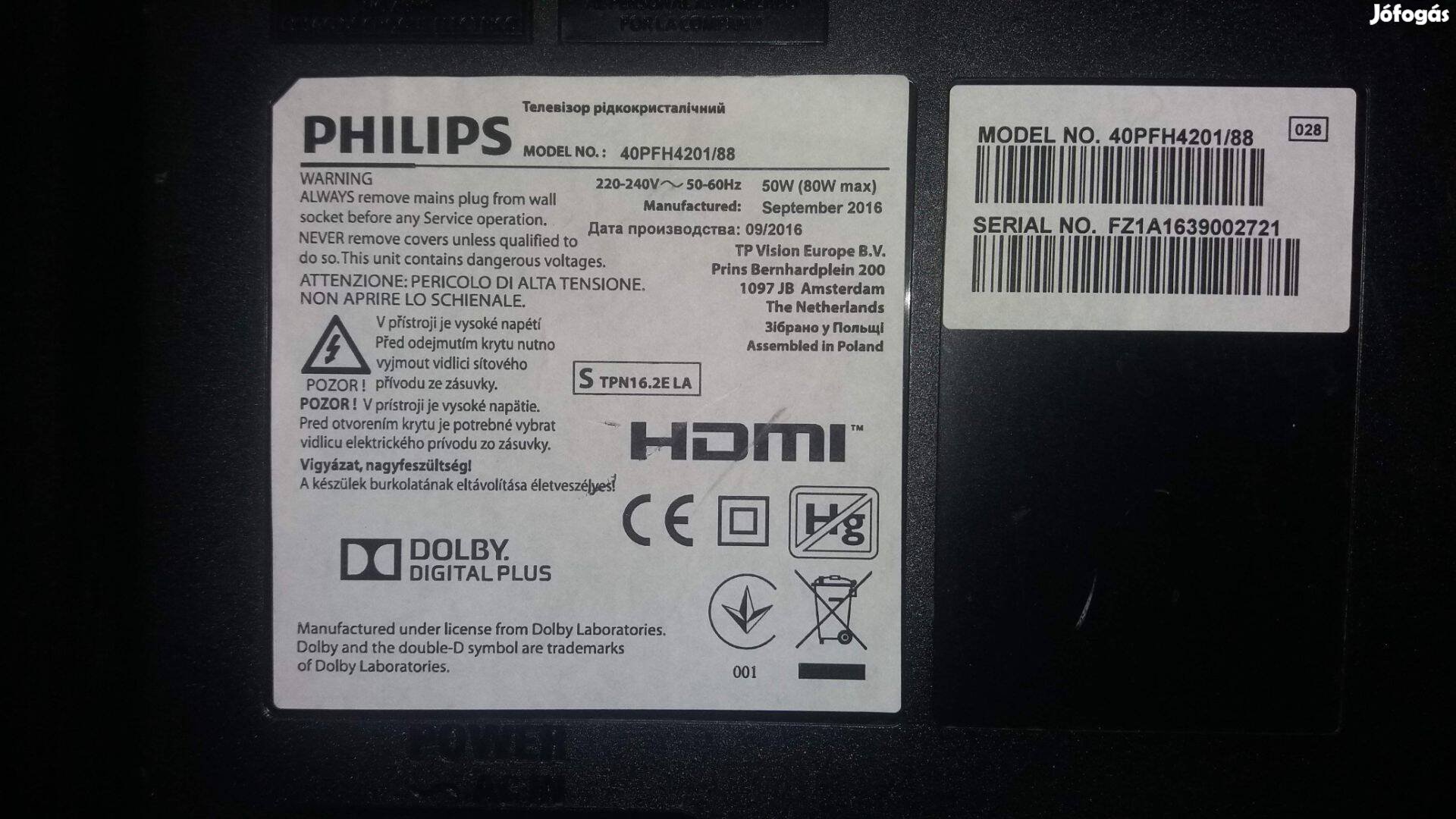 Philips 40Pfh4201/88 LED LCD tv hibás törött alkatrésznek main elkelt!