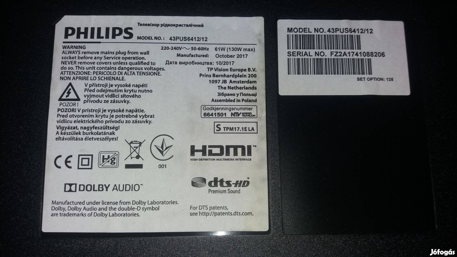 Philips 43Pus6412/12 LED LCD Tv hibás törött Main,Tcon elkelt!