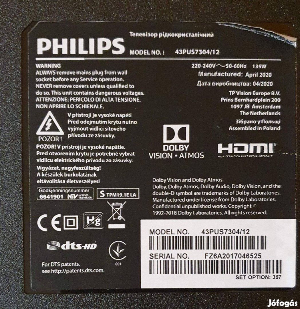 Philips 43Pus7304/12 UHD LED LCD hibás törött alkatrésznek
