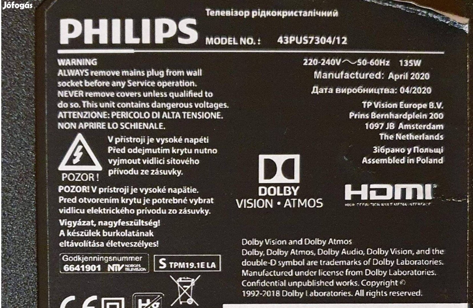Philips 43Pus7304/12 UHD Smart LED LCD hibás alkatrésznek