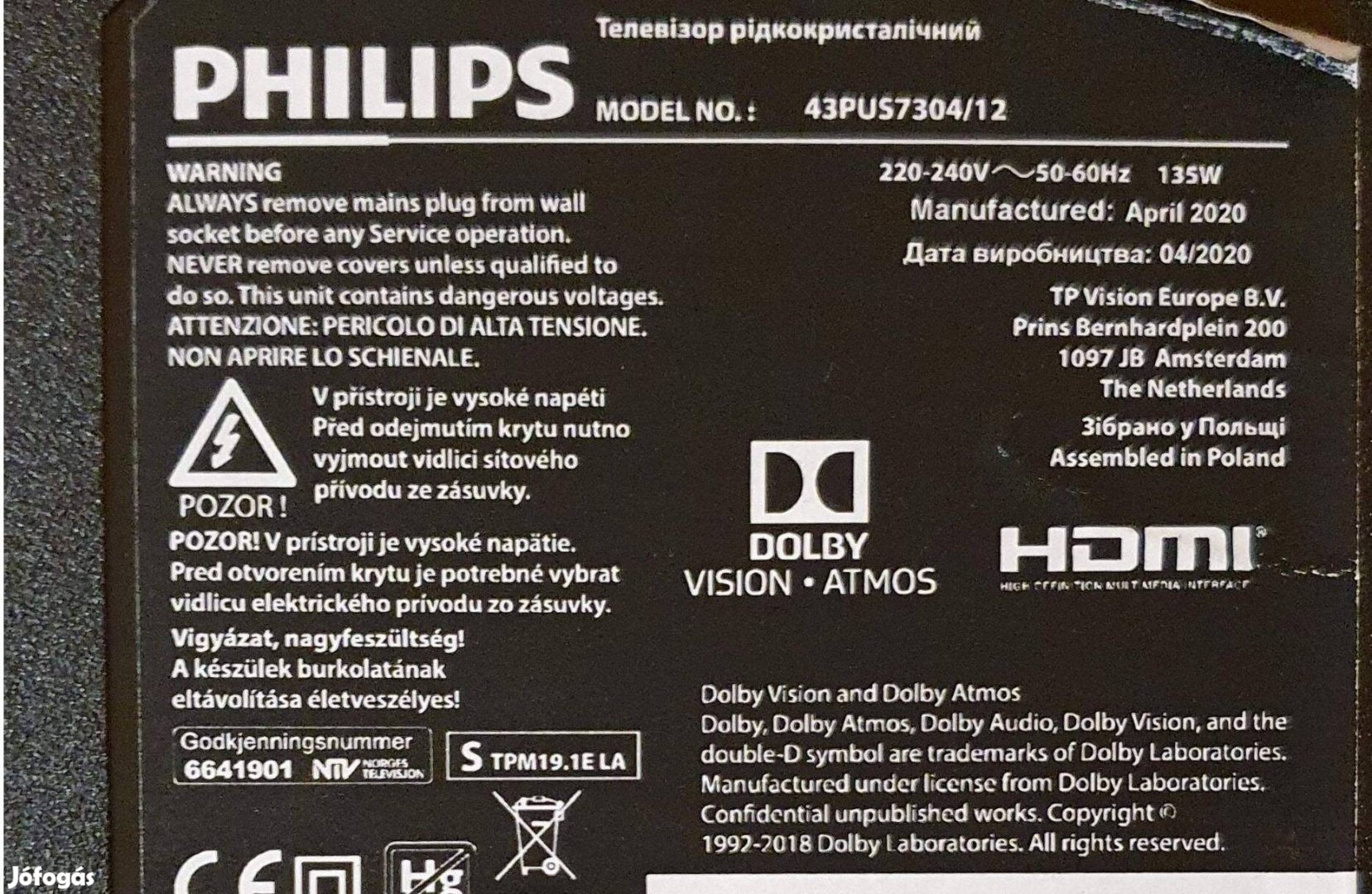 Philips 43Pus7304/12 UHD Smart LED LCD hibás alkatrésznek