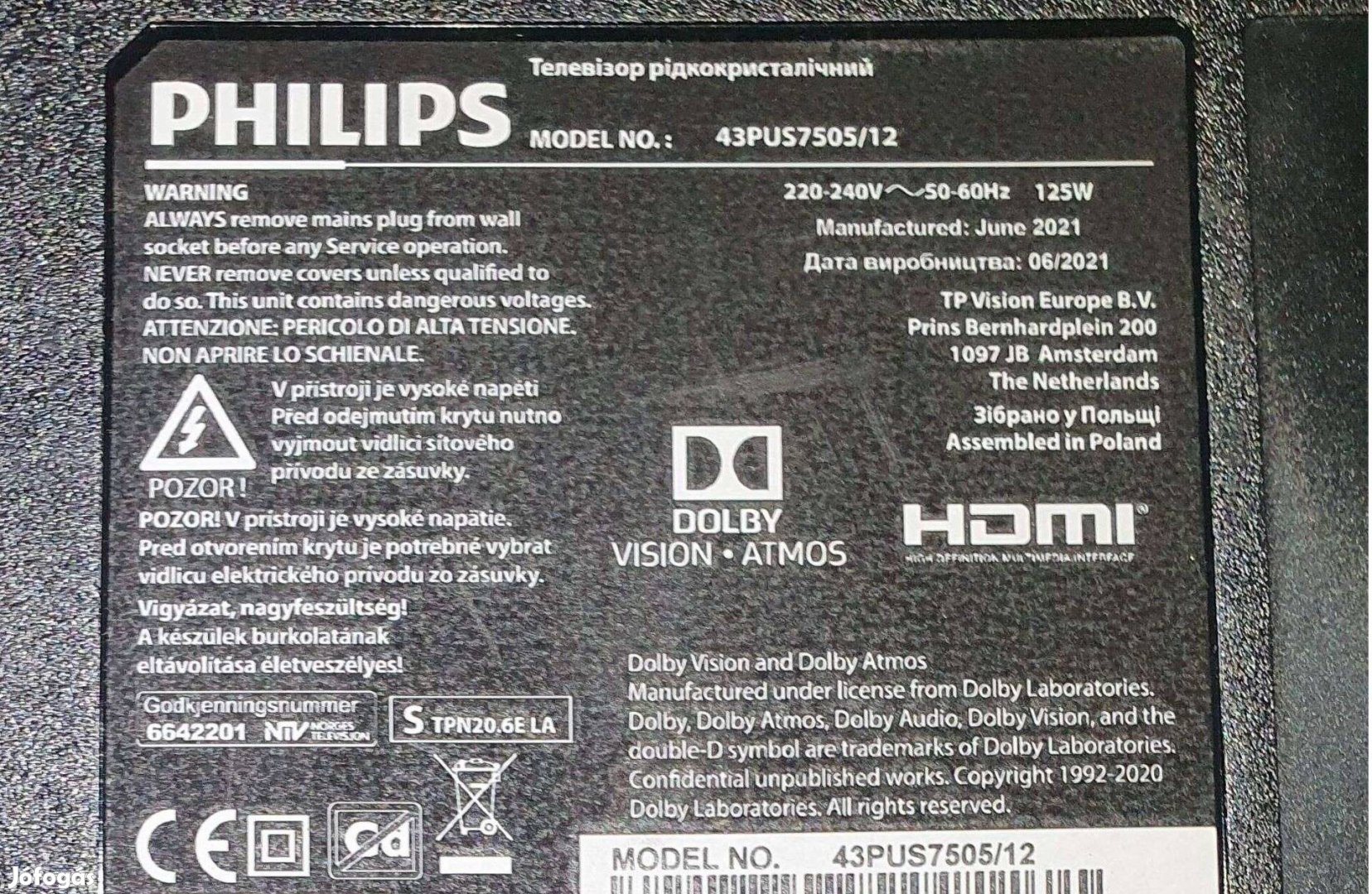 Philips 43Pus7505/12 4k UHD LED tv hibás törött alkatrésznek