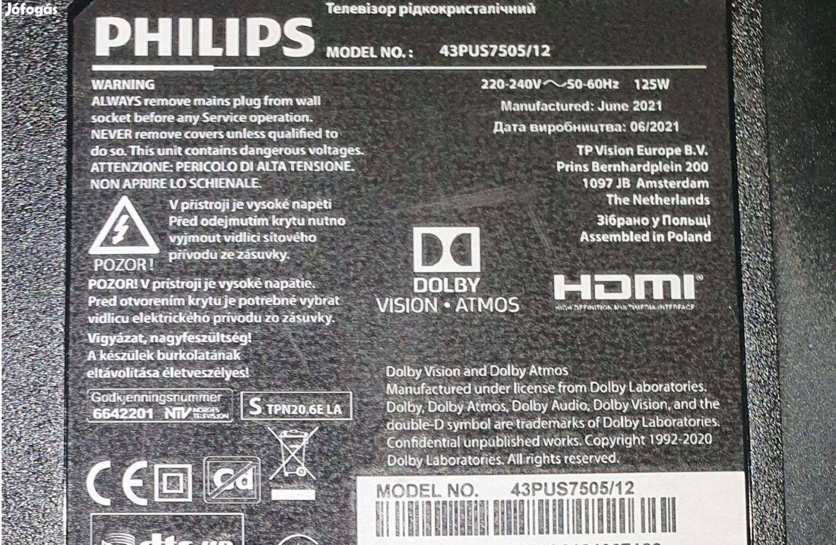 Philips 43Pus7505/12 4k UHD LED tv hibás törött alkatrésznek