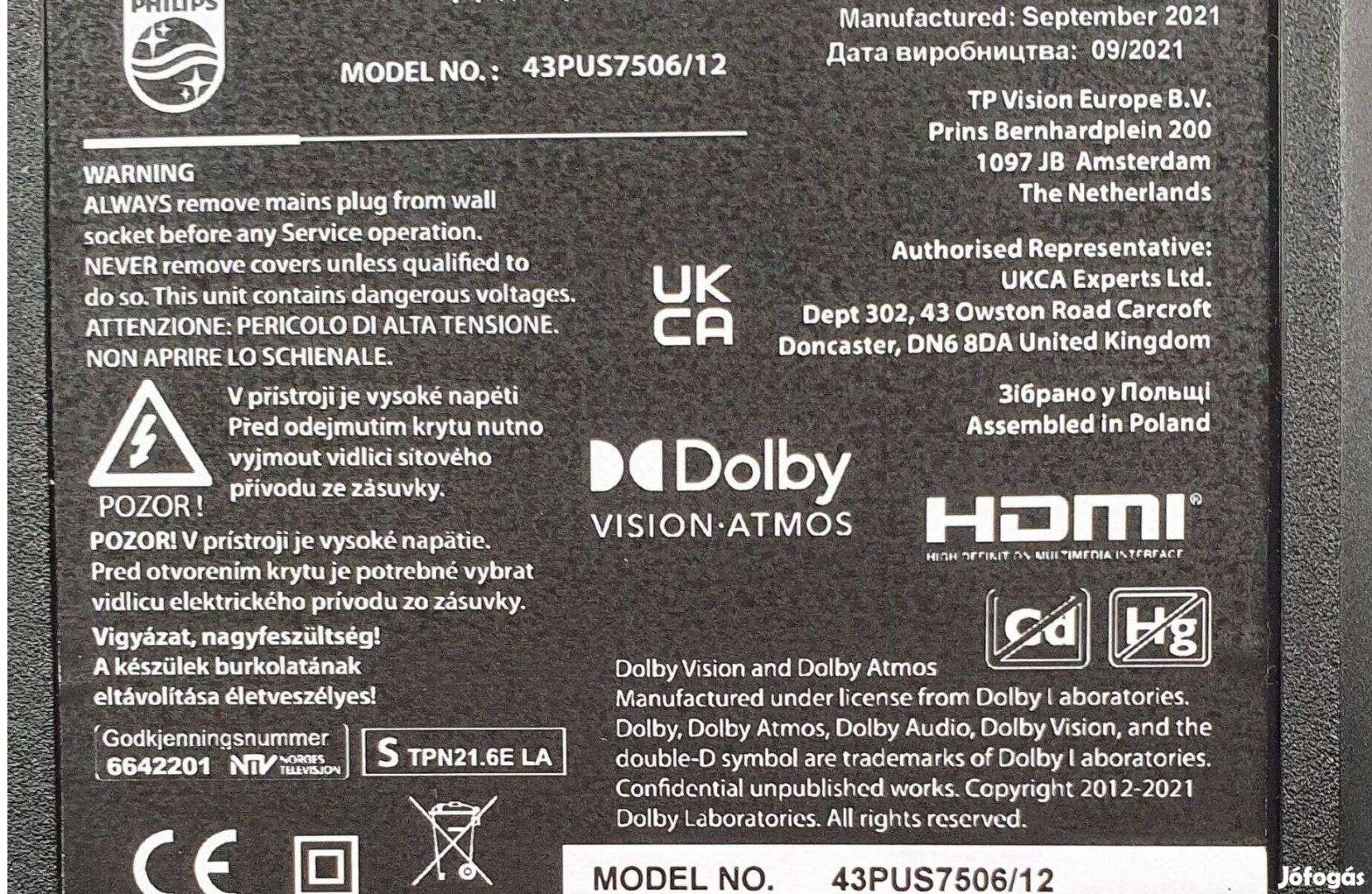 Philips 43Pus7506/12 4K UHD Smart LED tv hibás törött alkatrésznek