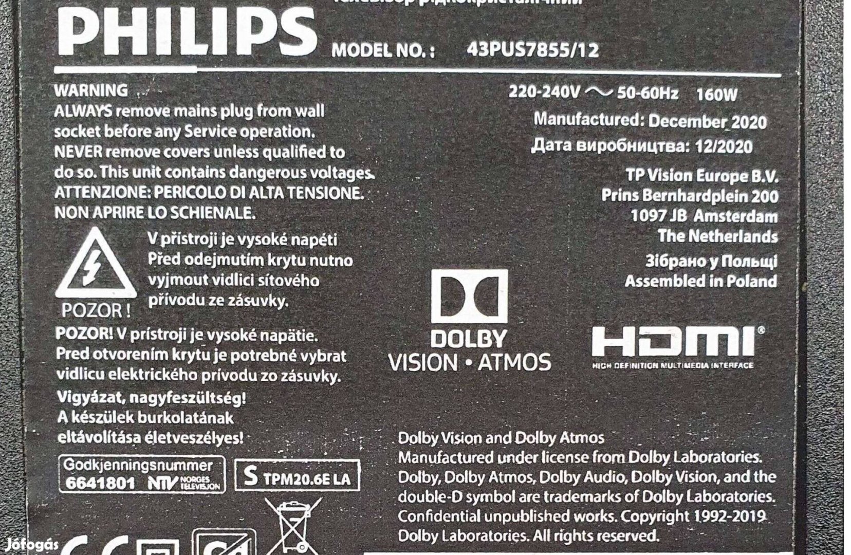 Philips 43Pus7855/12 LED LCD smart tv hibás törött alkatrésznek
