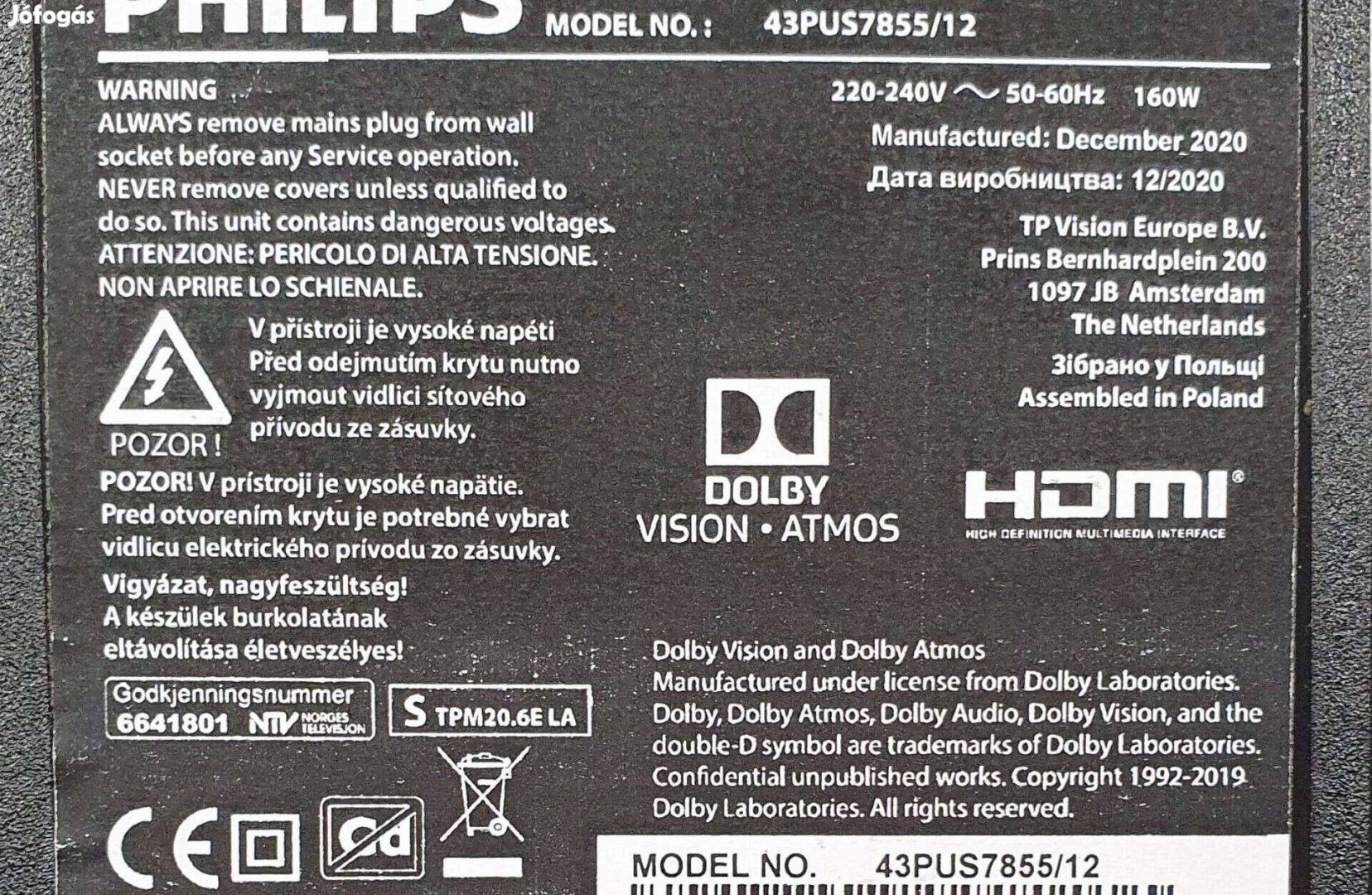 Philips 43Pus7855/12 LED LCD smart tv hibás törött alkatrésznek