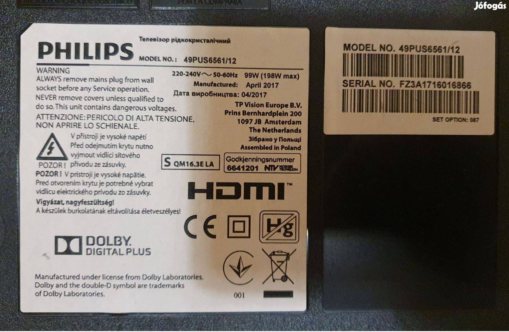 Philips 49Pus6561/12 LED tv panelek alkatrésznek 6870C-0546A