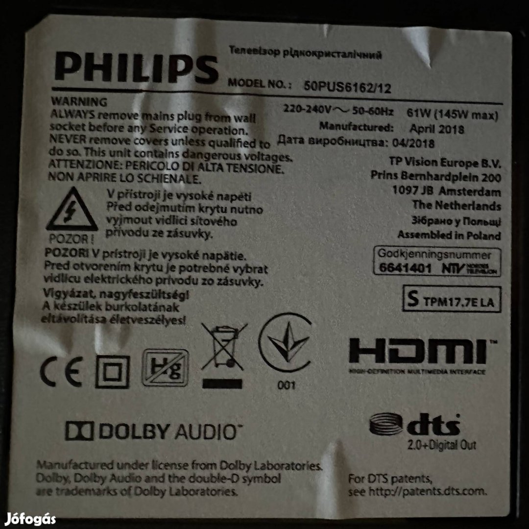 Philips 50Pus6162 okos TV, sérült kijelzővel 