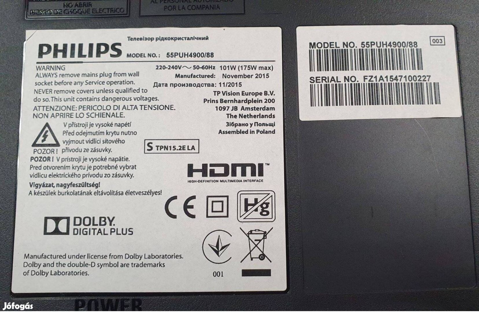 Philips 55Puh4900/88 LED LCD tv hibás törött alkatrésznek 6870C-0535B