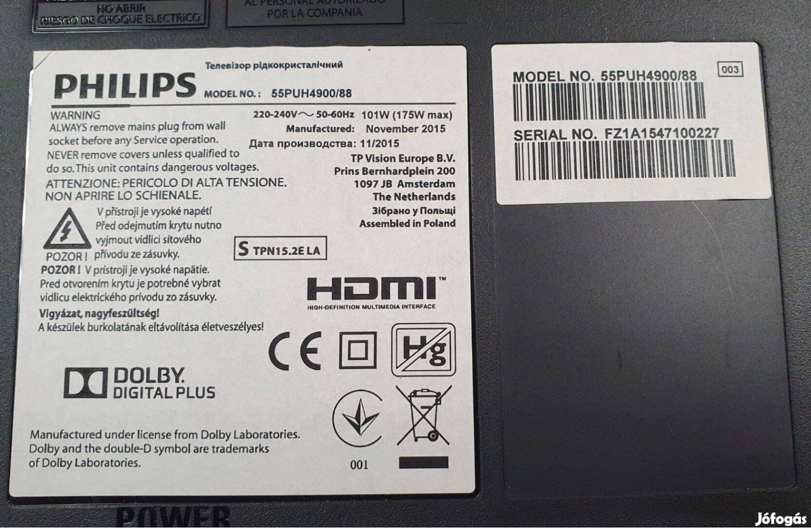 Philips 55Puh4900/88 UHD LED tv hibás törött alkatrésznek 6870C-0535B