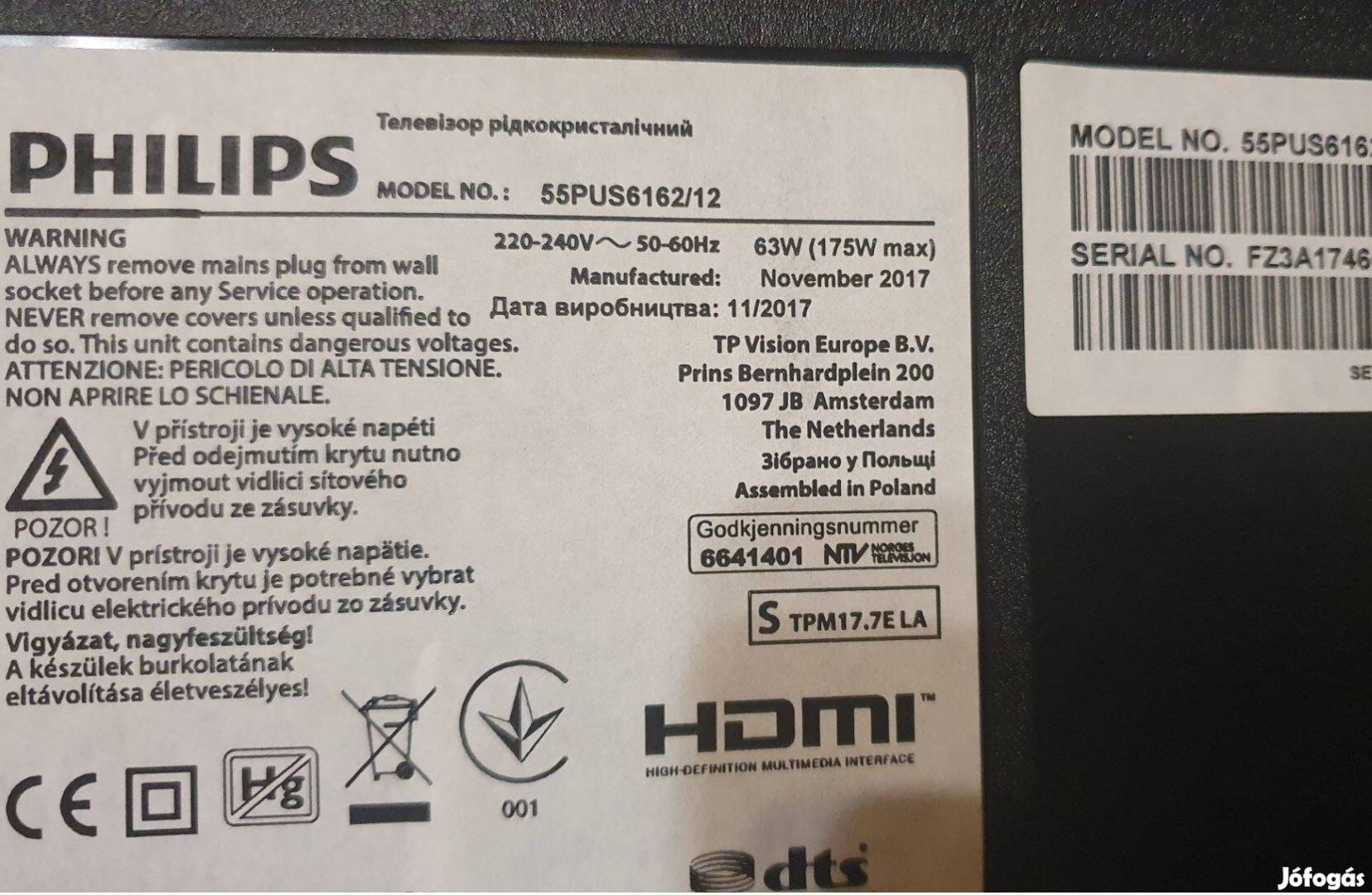 Philips 55Pus6162/12 LED LCD tv 4K UHD hibás alkatrésznek