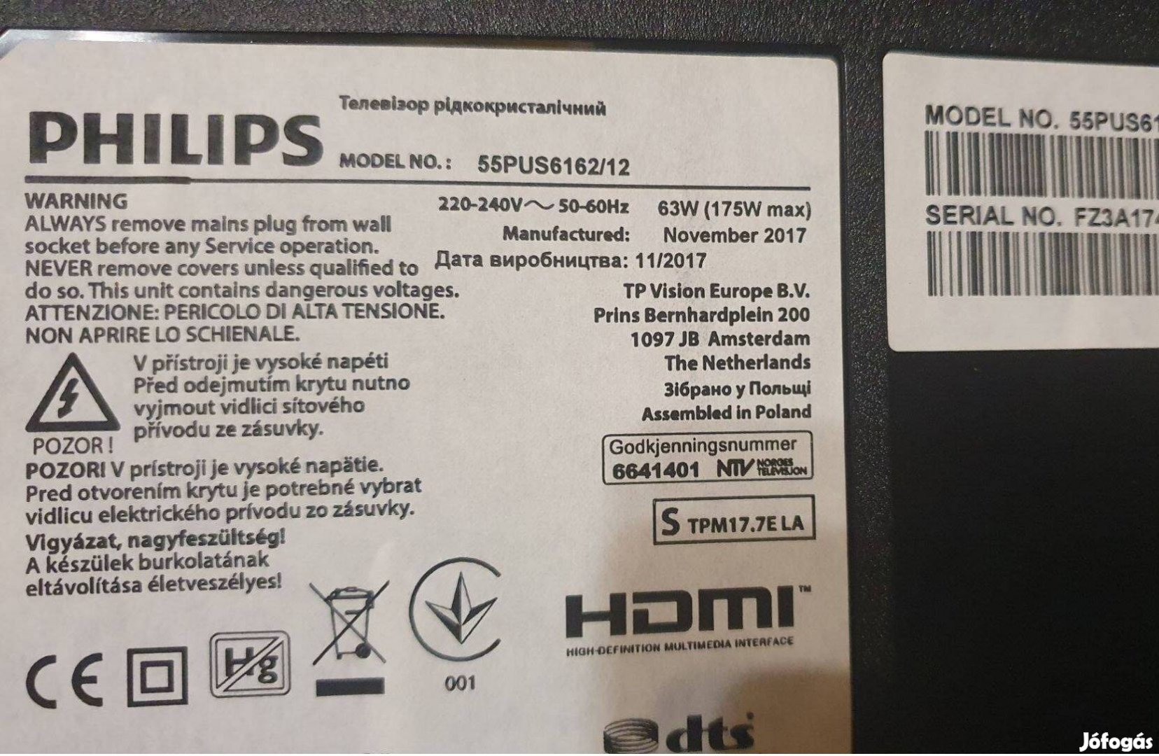 Philips 55Pus6162/12 LED LCD tv 4K UHD hibás alkatrésznek