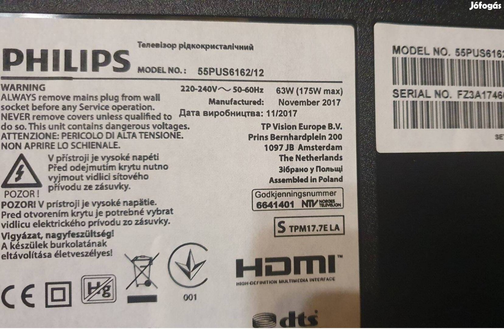 Philips 55Pus6162/12 LED LCD tv 4K UHD hibás alkatrésznek