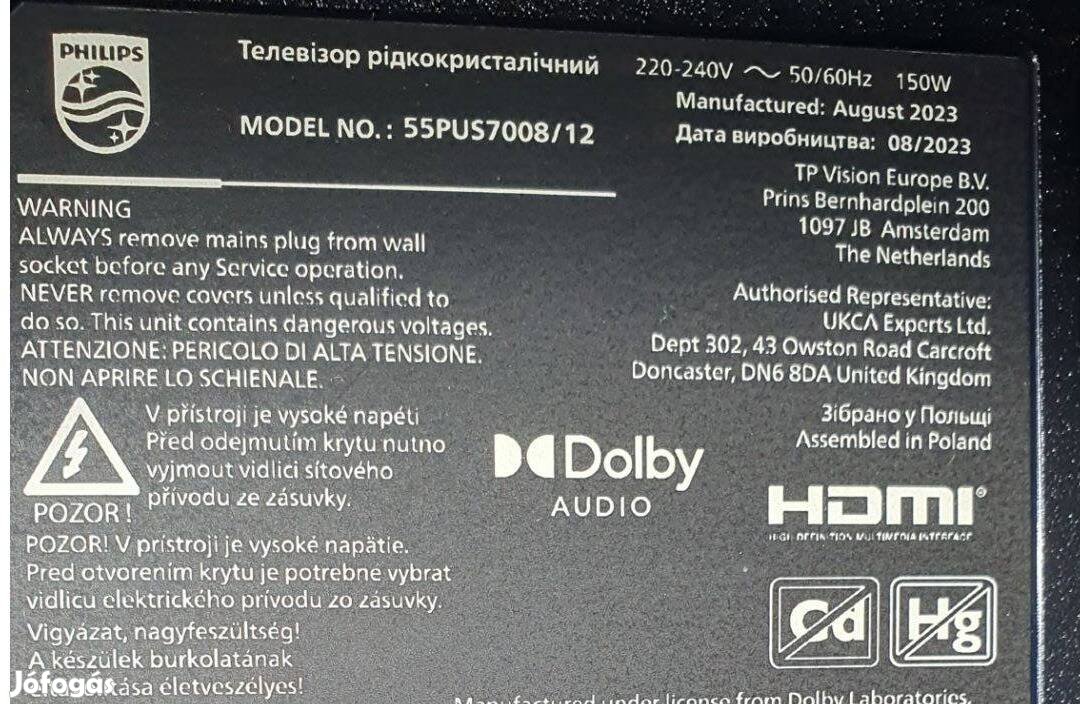 Philips 55Pus7008/12 LED LCD tv hibás törött Tcon elkelt!