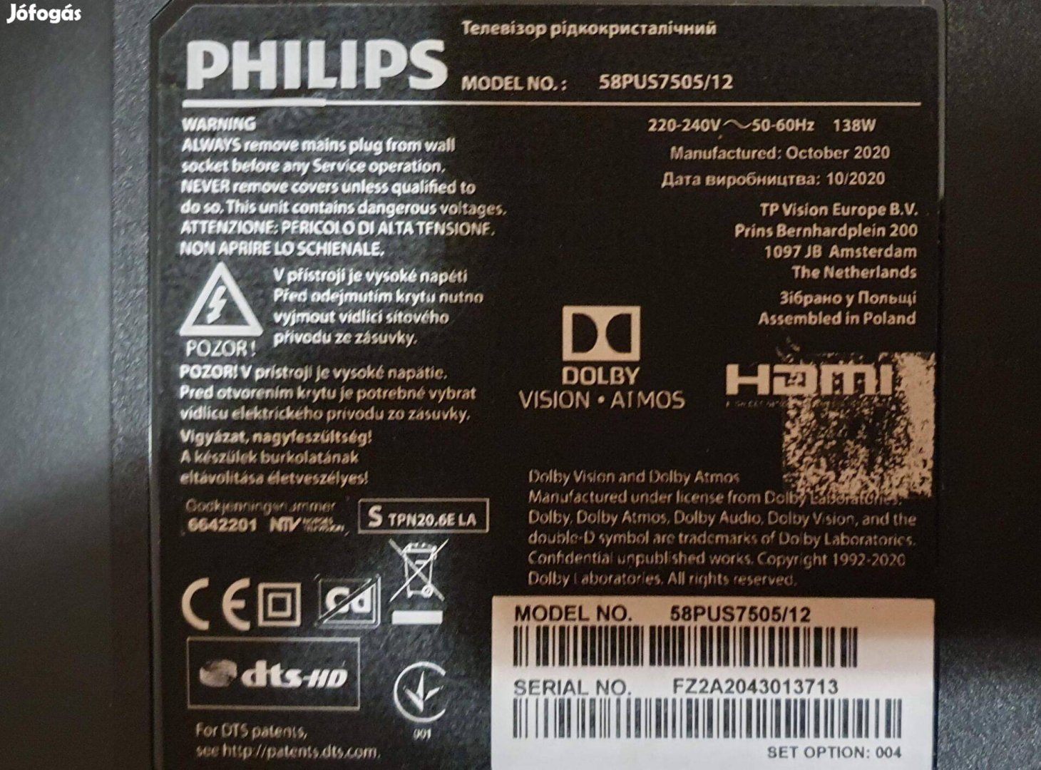Philips 58Pus750512 LED tv törött alkatrésznek,main és Tcon