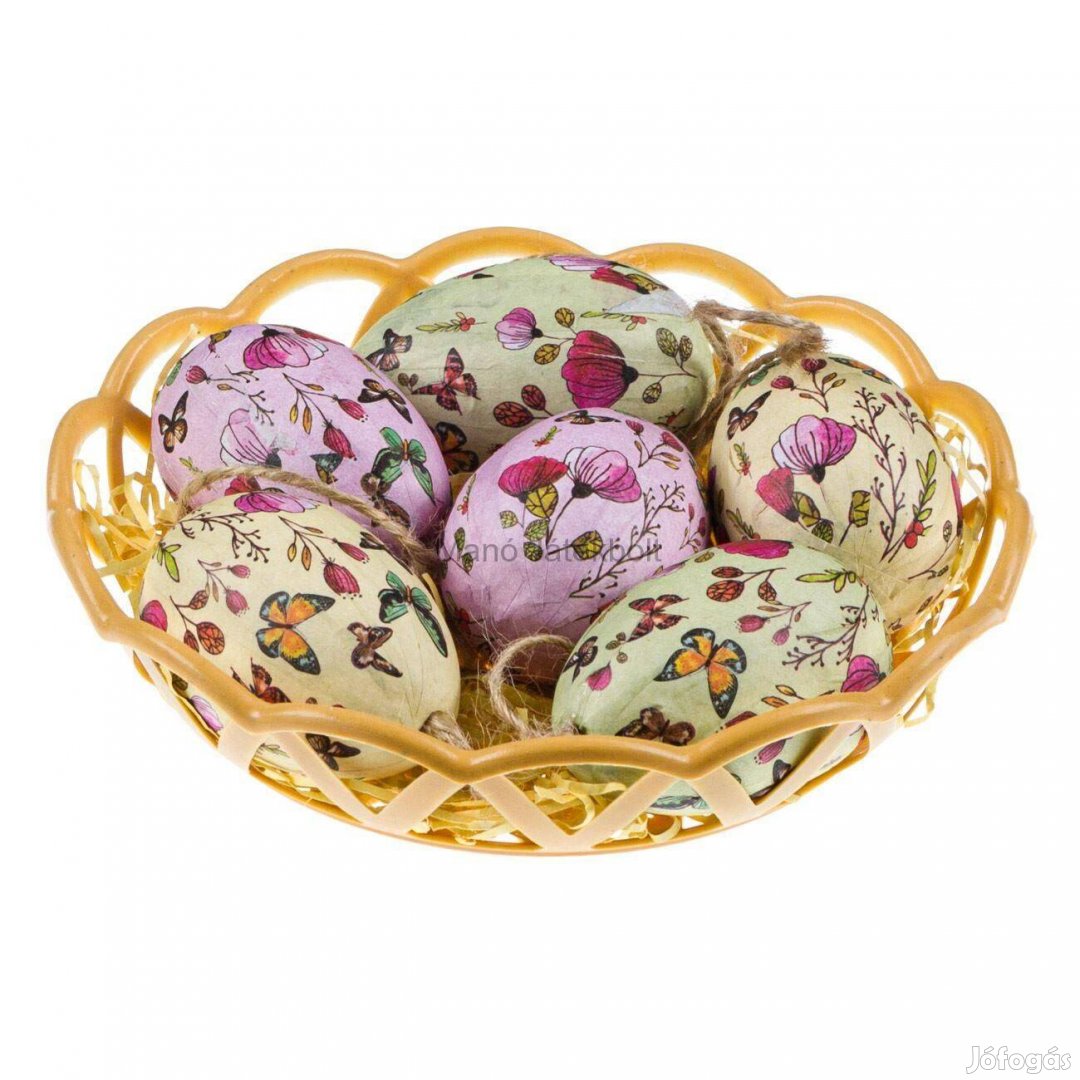 Pillangós húsvéti tojás dekoráció kosárban 6 db 6 cm