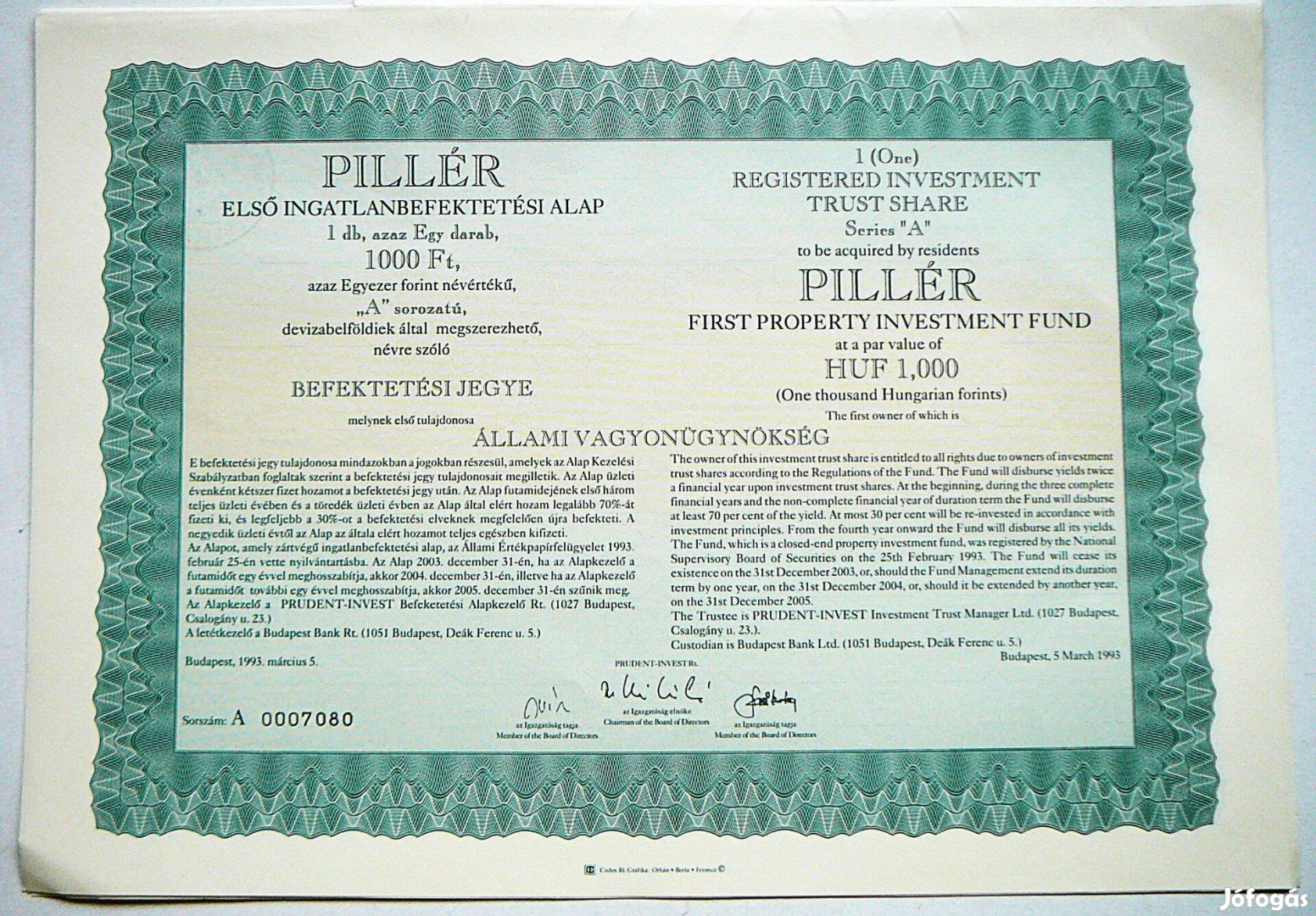 Pillér Első Ingatlanbefektetési Alap befektetési jegy 1993