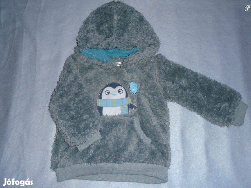 Pingvin mintás kapucnis puha pulóver 6-9 hó (méret 74)