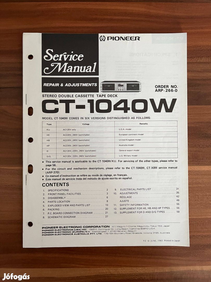 Pioneer CT 1040 W gyári eredeti szerviz könyv, utasítás, leírás #1