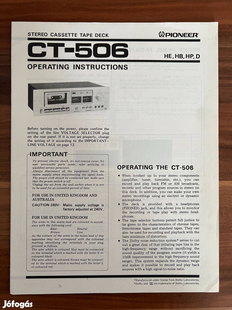 Pioneer CT 506 gyári eredeti használati utasítás, gépkönyv