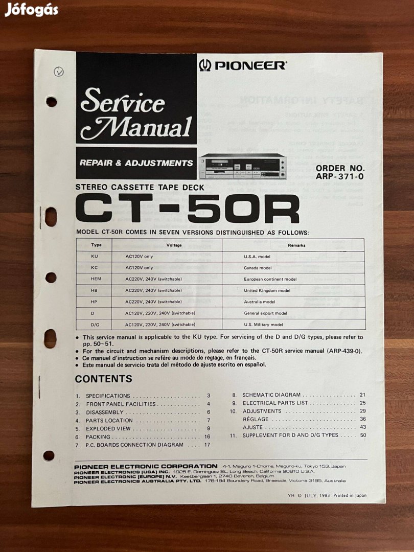 Pioneer CT 50 R gyári eredeti szerviz könyv, utasítás, leírás