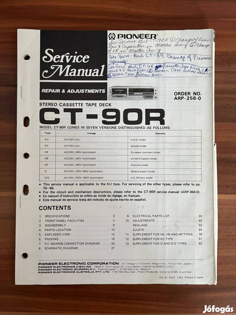 Pioneer CT 90 R gyári eredeti szerviz könyv, utasítás, leírás