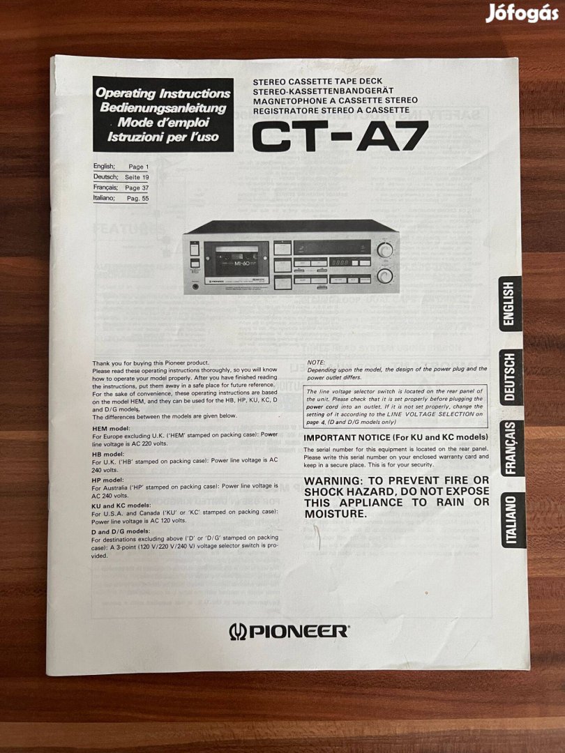 Pioneer CT A 7 gyári eredeti használati utasítás, gépkönyv