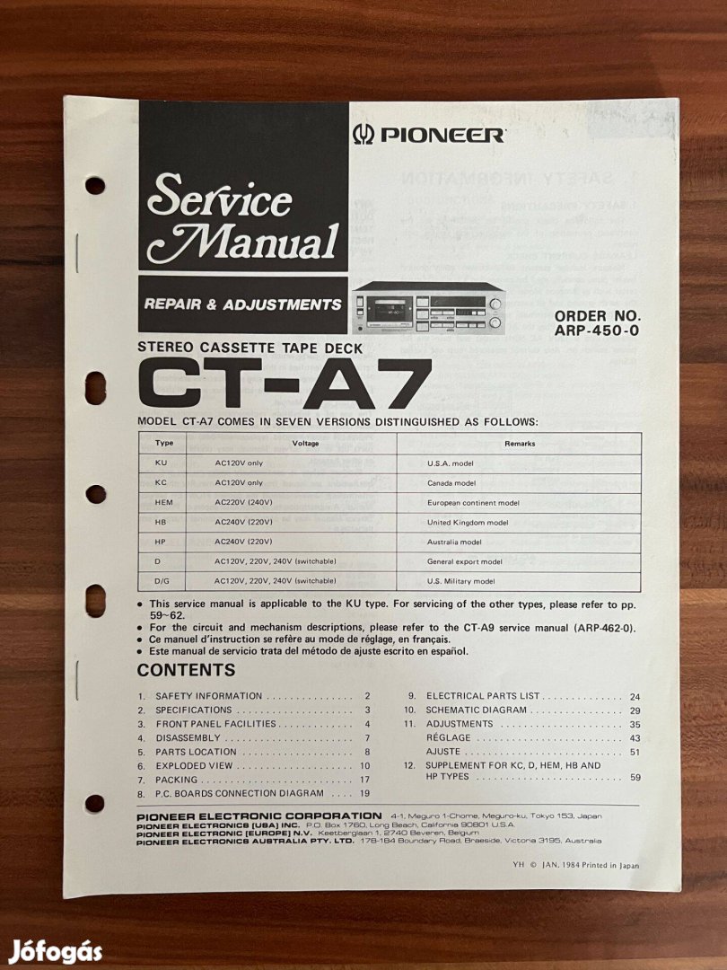 Pioneer CT A 7 gyári eredeti szerviz könyv, utasítás, leírás