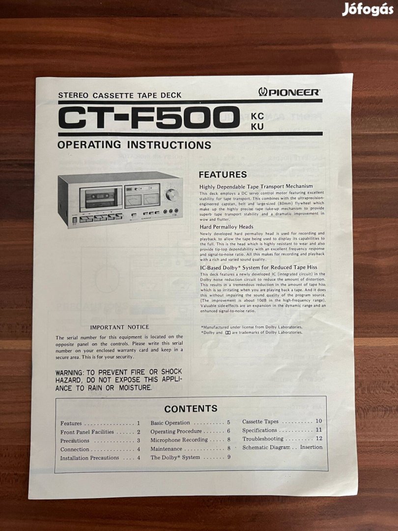 Pioneer CT F 500 gyári eredeti használati utasítás, gépkönyv