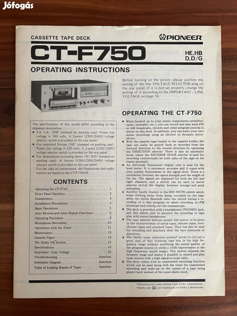 Pioneer CT F 750 gyári eredeti használati utasítás, gépkönyv #1