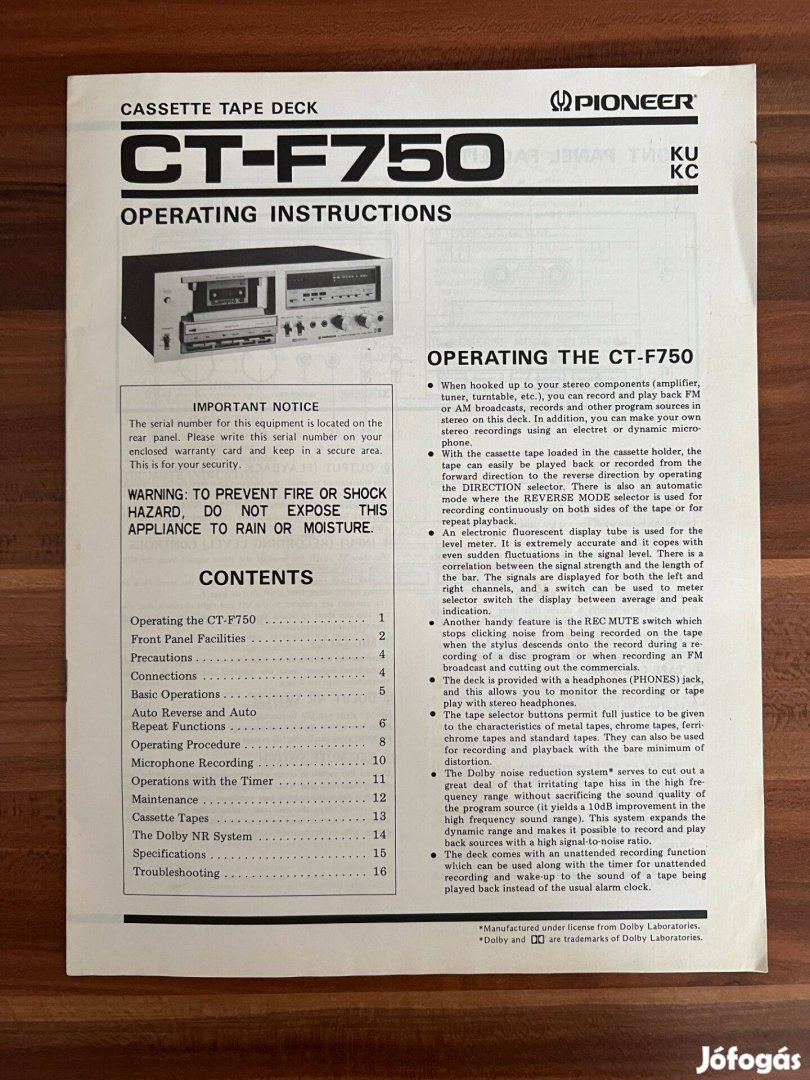 Pioneer CT F 750 gyári eredeti használati utasítás, gépkönyv #2