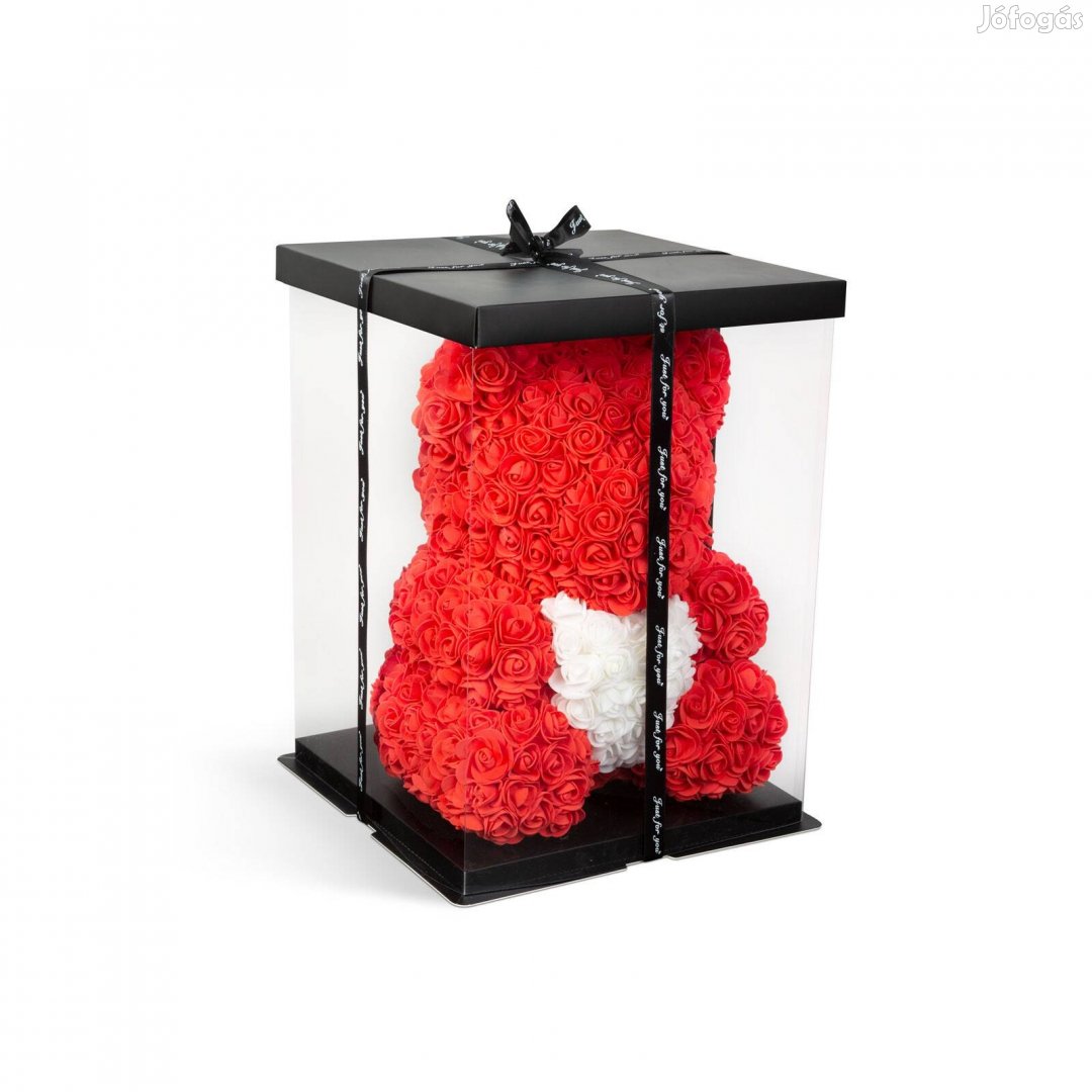 Piros Rózsamaci Díszdobozos - maci fehér szívvel - 25 cm