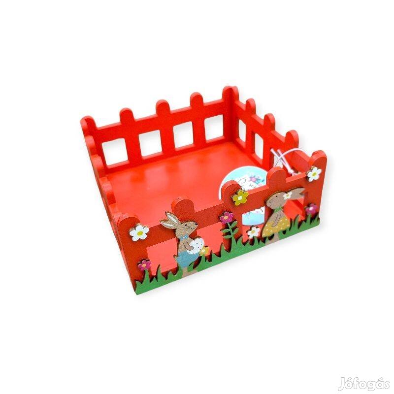 Piros fa húsvéti dekor láda nyuszikkal és tojásokkal 16 cm