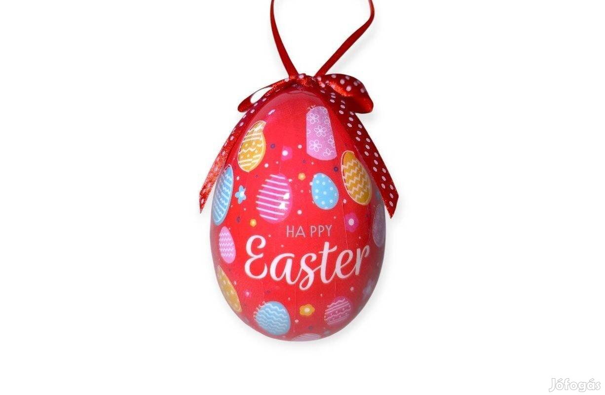 Piros húsvéti tojás dekoráció színes tojásmintával 10 cm