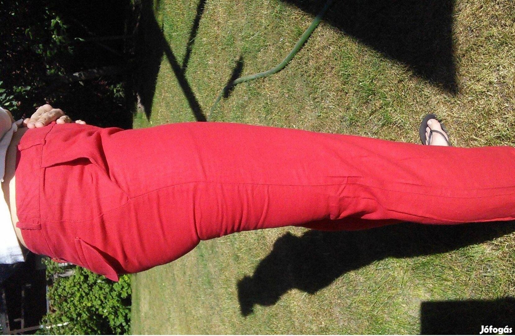 Piros lenvászon női nadrág magas derekú