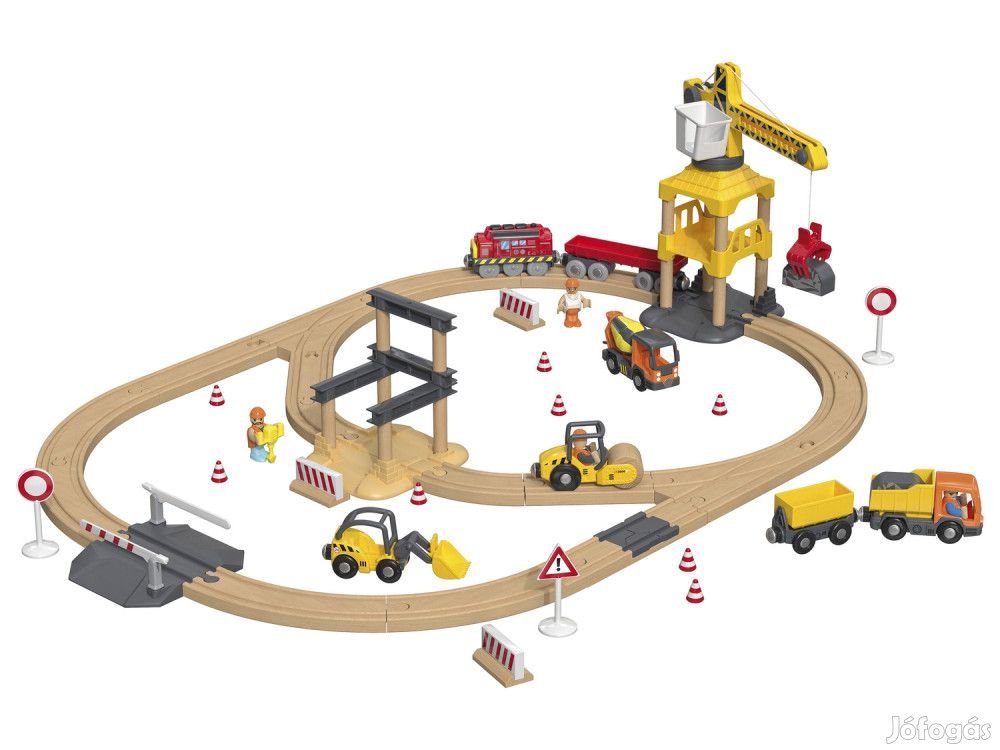 PlayTive Construction Site Train Set - Építkezés, 59 darabos fa vonat