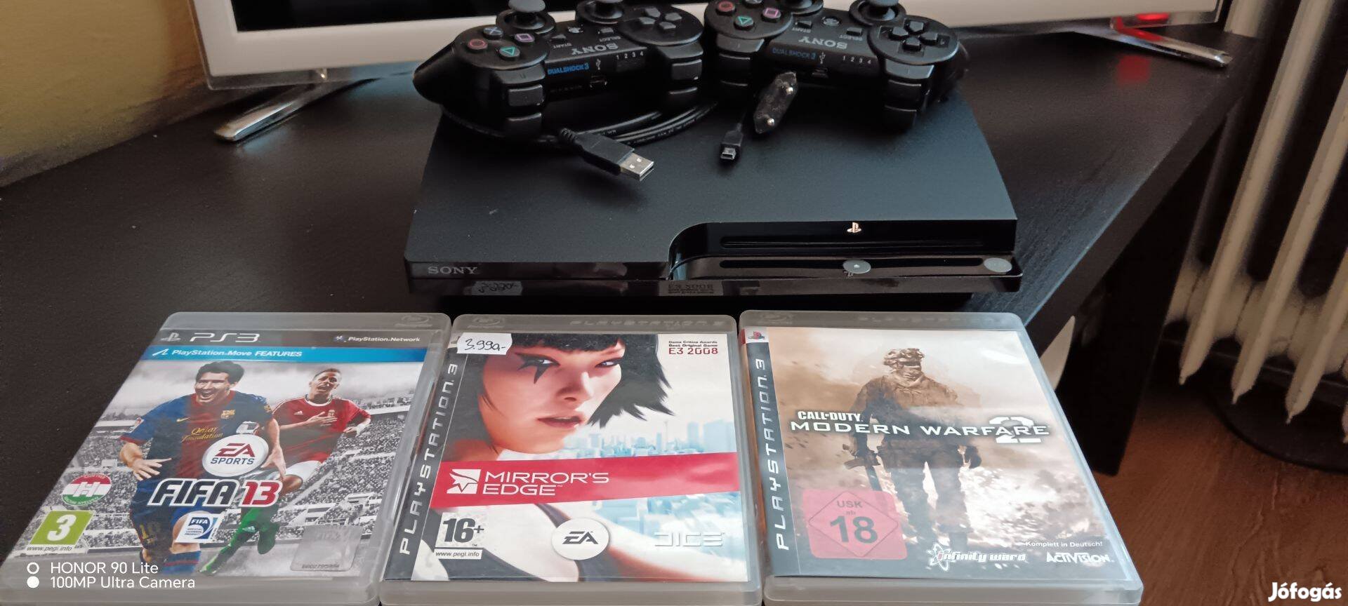 Playstation 3 konzol+ 2db vezeték nélküli kontroller+3db játék