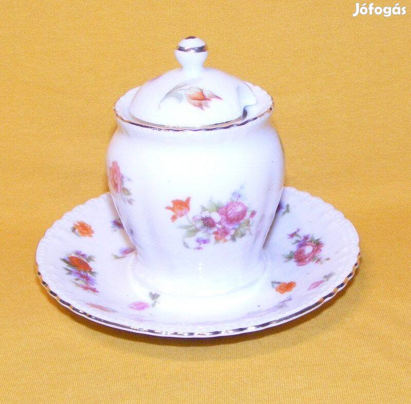 Porcelán fedeles méz-, mustártartó