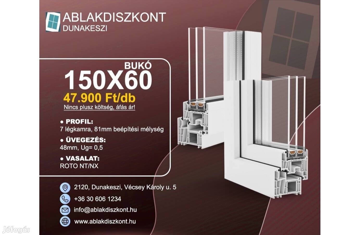 Prémium 150x60 bukó műanyag ablak 3 rétegű üveggel raktárról