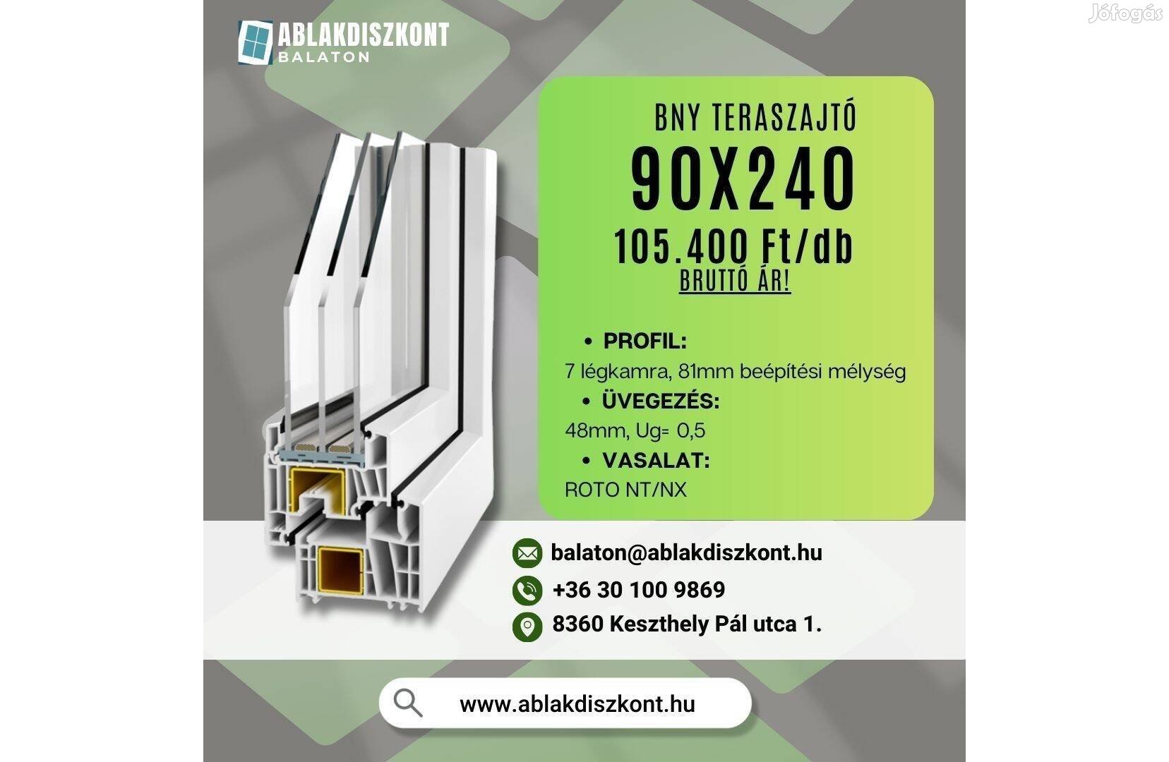 Prémium 90x240 bny műanyag teraszajtó 3 rétegű üvegezéssel