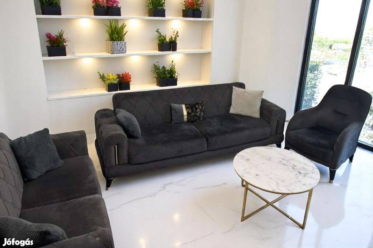 Prémium luxus chesterfield stílusú, sötétszürke bársony