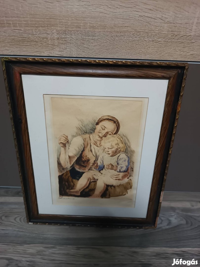 Prihoda István Glatz Oszkár anya a gyermekével színes rézkarc 