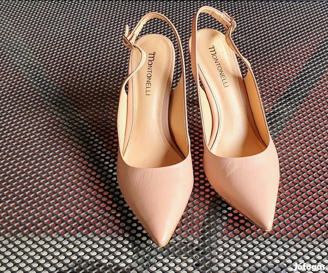 Púderrózsaszínű valódibőr magassarkú, slingback cipő, szandál